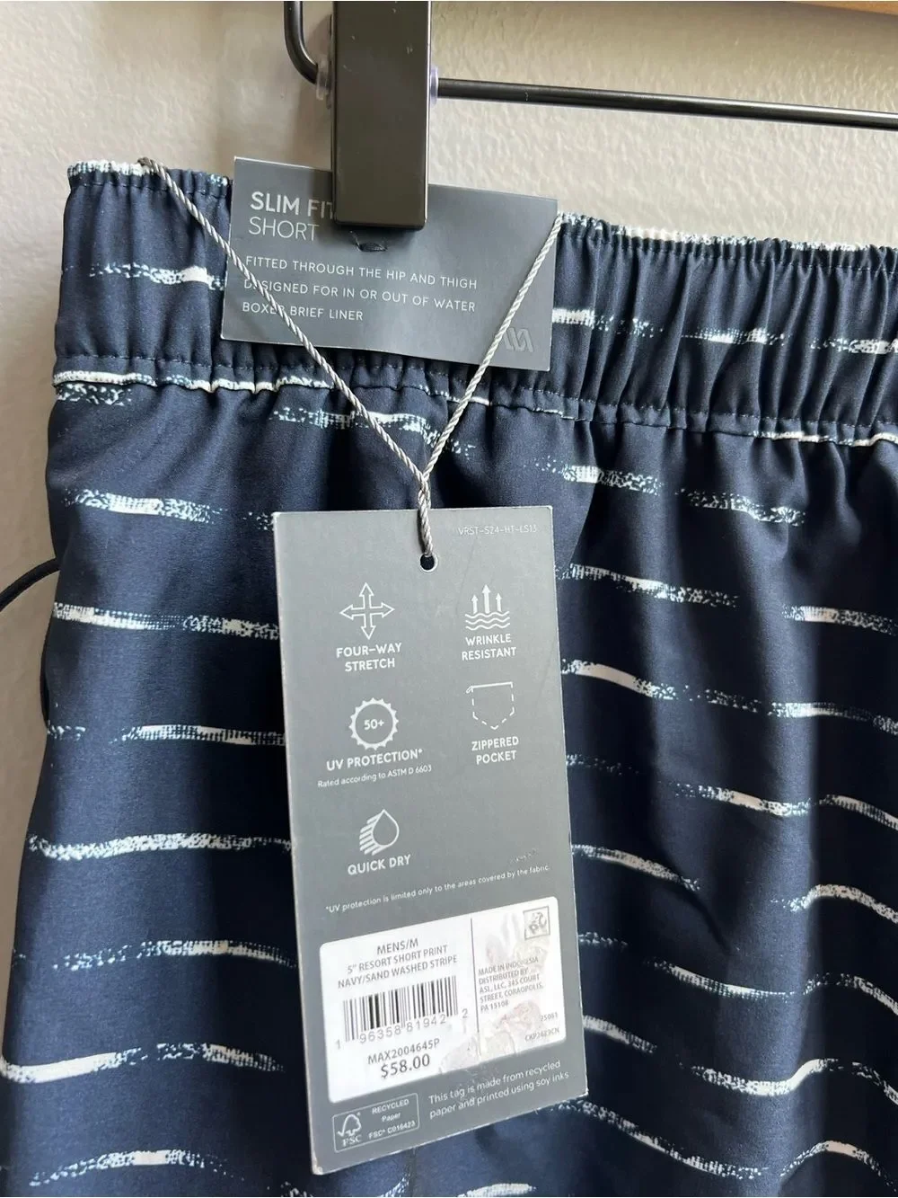VRST 5” Resort Shorts NWT Men's Medium Navy Sand Washed Stripe Swim Shorts